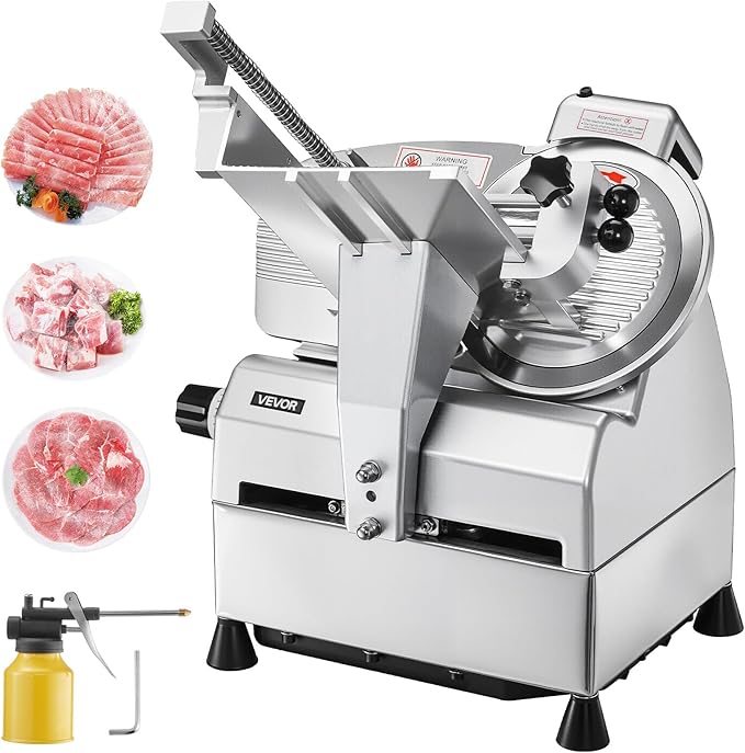 VEVOR Automatic Meat Slicer, 500W Electric Deli Slicer Machine with 10 inch Sharp 75Cr1 Steel Blade, 0-0.67 inch Adjustable Thickness, 633 RPM Fast Slicing, for Frozen Meat, Hard Cheese, and Bread