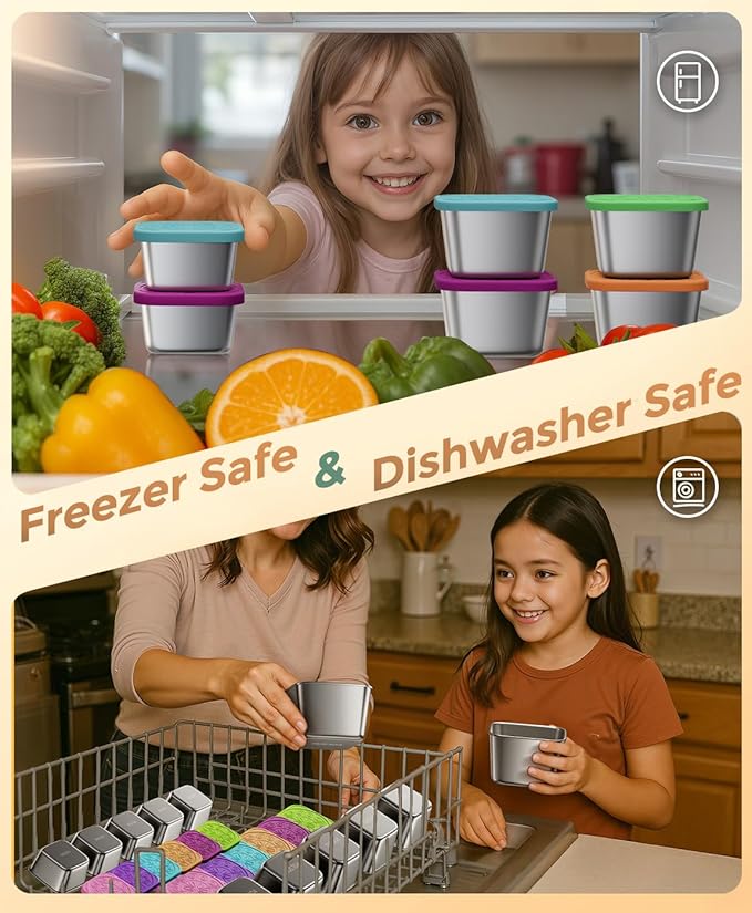 6 Pack 6oz Stainless Steel Snack Containers and 2oz Salad Dressing To Go Containers with Silicone Lids, Reusable Square Meal Prep Condiment Sauce Containers Lunch Box Accessories
