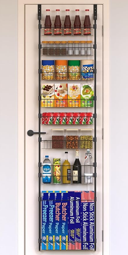 Black Over the Door Pantry Organizer 8 Tier, Adjustable Basket Pantry Door Organizer and Storage, Heavy Duty Metal Kitchen Hanging Spice Rack (D5xW19xH50 Inches)