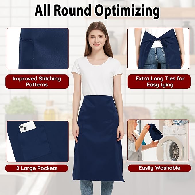3 Pack Waist Apron with 3 Pockets, Unisex Black Waiter Aprons, Water Resistant Server Aprons for Restaurant Chef Bar