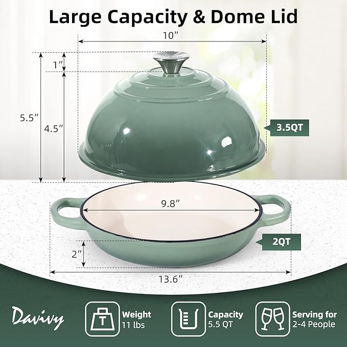 Davivy 5.5QT Sourdough Dutch Oven with Domed Lid, 10" Round Bread Dutch Oven, Enameled Cast Iron Bread Oven, Bread Oven for Sourdough - Sea Salt Green