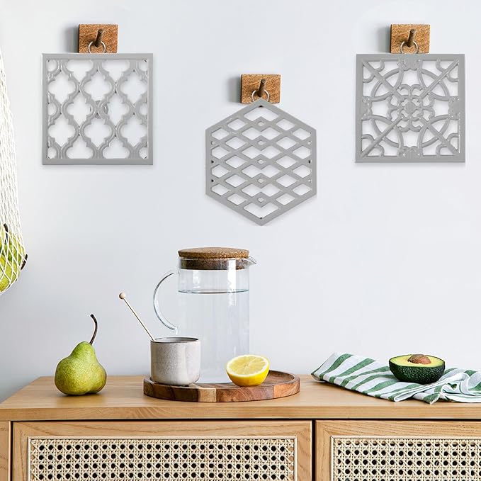JOGREFUL Cast Iron Trivet Mats, Kitchen Pot Holders to Portect Table/Countertops, Heat Resistant Mats for Teapot/Hot Dishers/Plates, Vintage Mats with Weighted-Base, Flower Gray