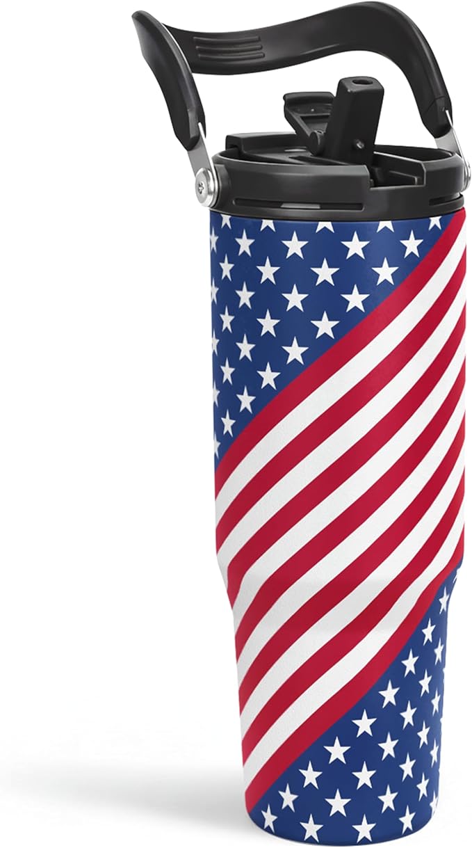 SANDJEST American Flag Tumbler with Handle 30oz, Stainless Steel Insulated Flip Straw Tumblers Coffee Travel Mug Cup, USA America Gifts for Women Men for Birthday Christmas