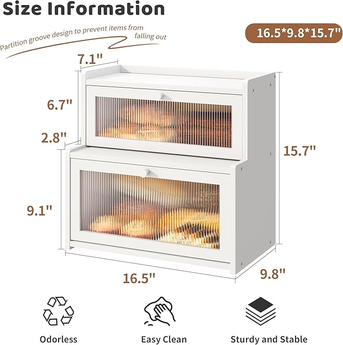 FILWH Bread Box for Kitchen Countertop Double Layer Large Corner Bread Box Capacity Bread Storage Bin Farmhouse Breadbox Container Organizer Cabinet Cupboard (White)