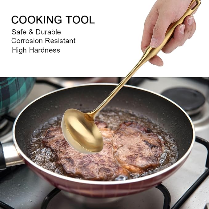 Stainless Steel Soup Ladle, 13 Inches Gold Ladle, Big Golden Spoon Useful Tool for Cooking, Serving, Kitchen