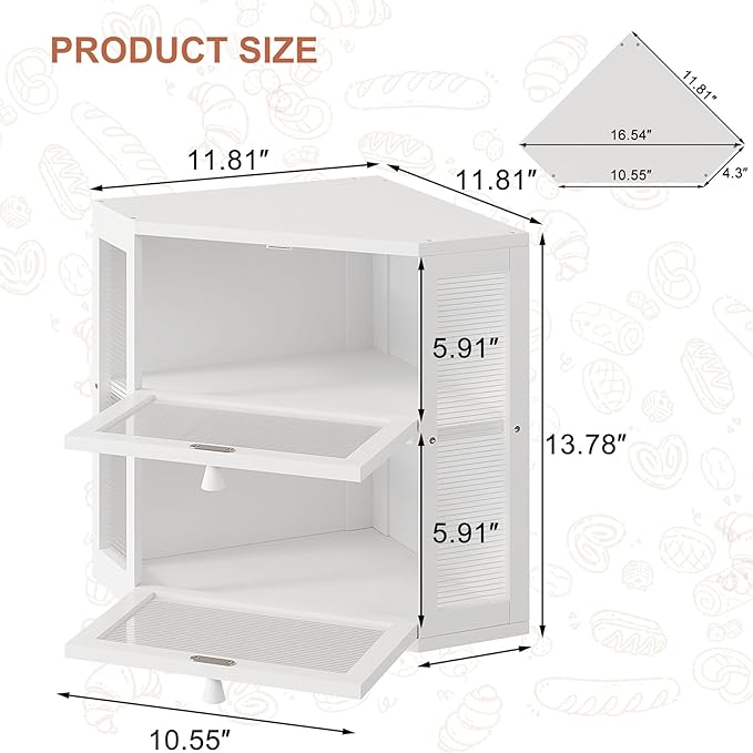 WOWLIVE Corner Bread Box for Kitchen Countertop, Double Layer Bamboo Bread Storage Container, Large Farmhouse Bread box with Acrylic Wavy Door Panel, Under Cabinet Organizer (White, Medium)