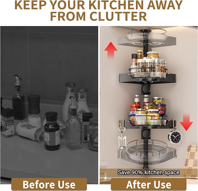 2-Tier Corner Spice Rack Organizer – 360° Rotatable, 19.68-43.5" Height Adjustable, 11LBS Load-Bearing with Hooks – Space-Saving for Kitchen Counter/Cabinet Gaps, Tame Seasoning Clutter (Black)