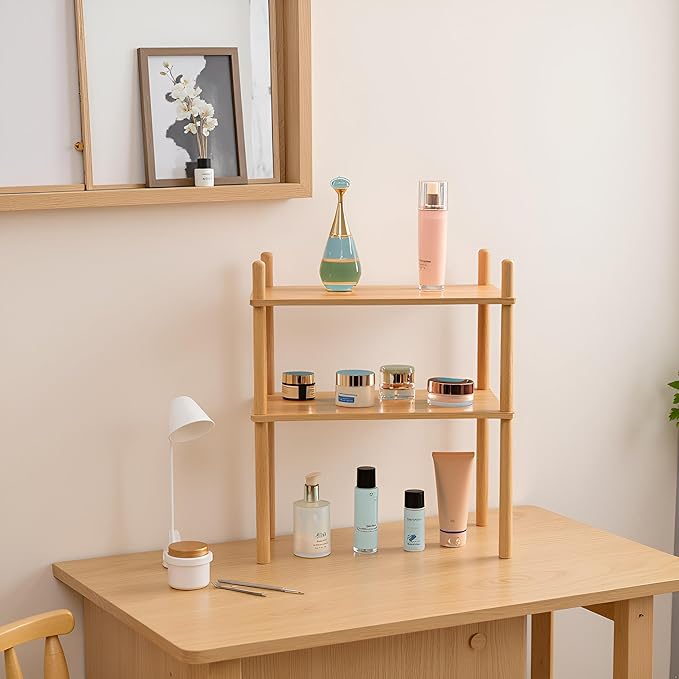 Expandable Bamboo Desktop Organizer Shelf Kitchen Cabinet and Counter Riser Display Shelf for Top of Desk Home Office Bathroom Coffee Table Display Stand- Useful Home & Housewarming Gift