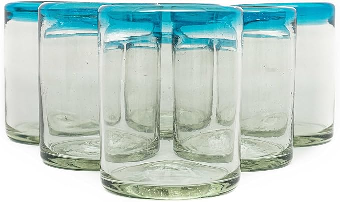 Set of 6 Hand-Blown Tumbler (10 oz) Glasses from Mexico with Aquamarina Rim - Rustic & Handcrafted Recycled Bubble Glass Drinking Glassware