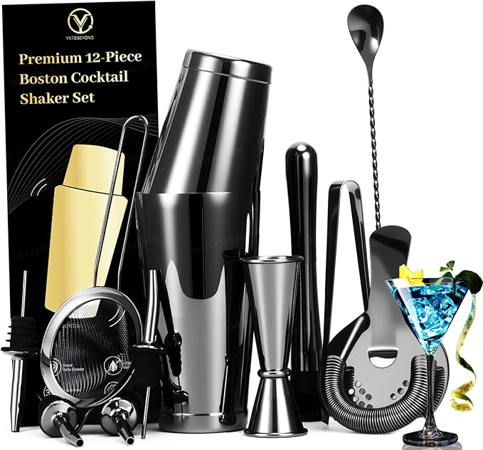 Black Cocktail Shaker Set 12-Piece - Stainless Steel Mixology Bartender Kit with 30oz+20oz Boston Shaker Tins, Japanese Jigger, Hawthorne Strainer for Home Bartending | Christmas