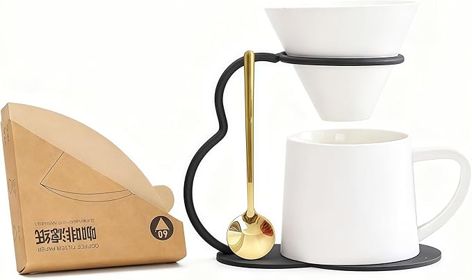 Pour Over Coffee Maker set,Ceramic Coffee Maker With V60 40 pcs Paper Filter，Metal Stand 9oz 270ml mug Pour Over Coffee Dripper white