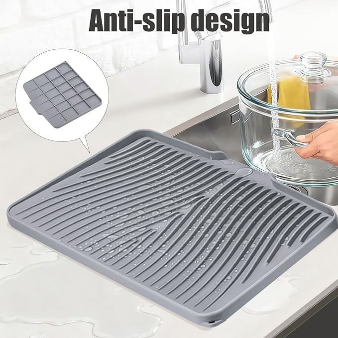 Silicone Dish Drying Mat, Stone Drying Mat for Kitchen Counter with Built-In Drain, Non-Slip Drain Pad with Built-in Drain, Heat Resistant Stone Drying Mat, 1Pcs 19.7" x 17", Grey