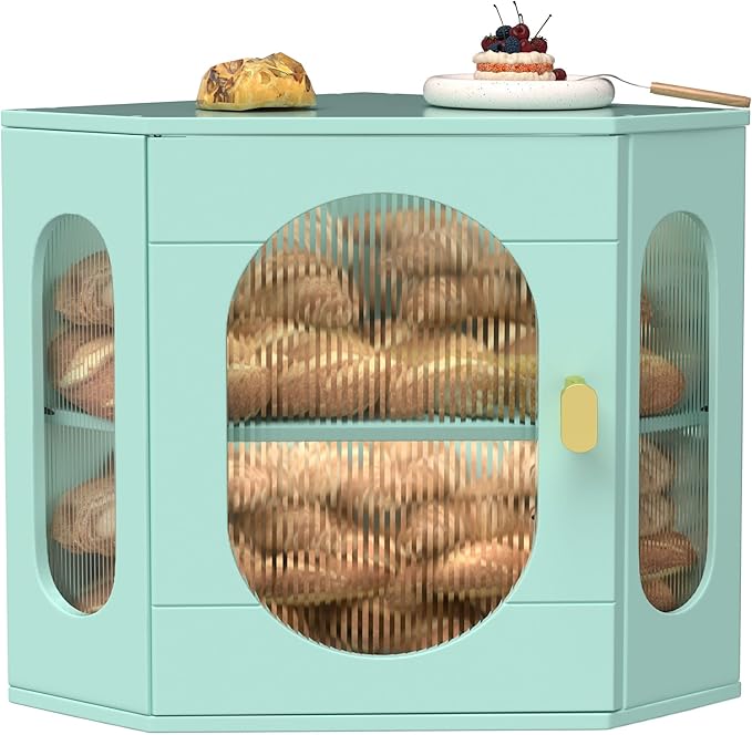 Corner Bread Box for Kitchen Countertop, Large Wooden Bread Box, Double Layer Bread Storage Bin, Bamboo Breadbox for Homemade Bread, Farmhouse Kitchen Organizer with Acrylic Window, Green