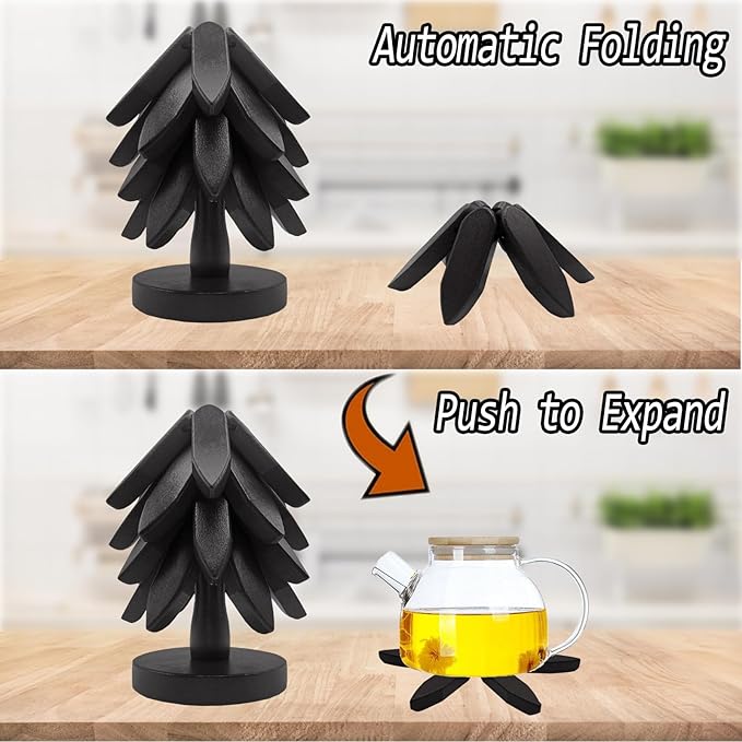 Wooden Trivets for Hot Dishes, Tree Shape Trivet Set, 4 Wooden Trivets + 1 Stand, Natural Foldable Kitchen Coasters, Stackable Christmas Tree Design, for Pans, Pot, Bowl, Teapot, Hot Pot Holder