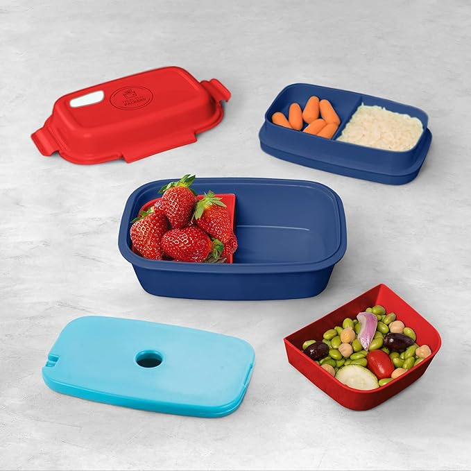 Ultimate Bento Box - Lunch Box for Kids & Adults with Removable Ice Pack - Leakproof, Multi-Compartment Food Container with Removable Containers - Microwave & Dishwasher Safe (Red, Blue, Red)
