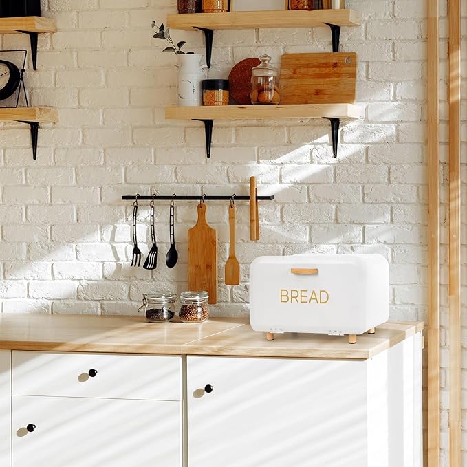 White Bread Box for Kitchen Countertop - Large Capacity Bread Storage Container Farmhouse Bread Box - Stylish Metal Bread Keeper