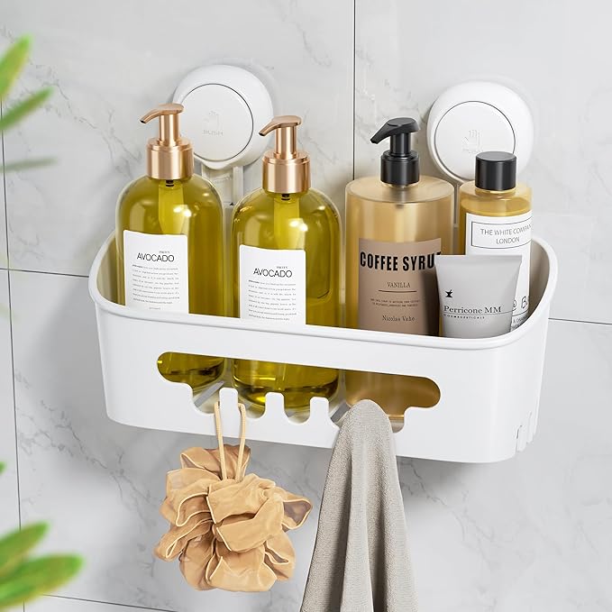 LEVERLOC Shower Caddy Suction Cup, Shower Organizer Removable Bathroom Shelf, Storage Suction Powerful Max Hold 22lbs Bathroom Caddy Waterproof Holder, White