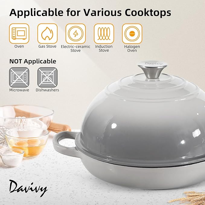 Davivy 5.5QT Cast Iron Dutch Oven with Silicone Baking Mat, 10" Round Bread Dutch Oven, Sourdough Bread Baking Pan, Enameled Cast Iron Bread Oven - Light Grey