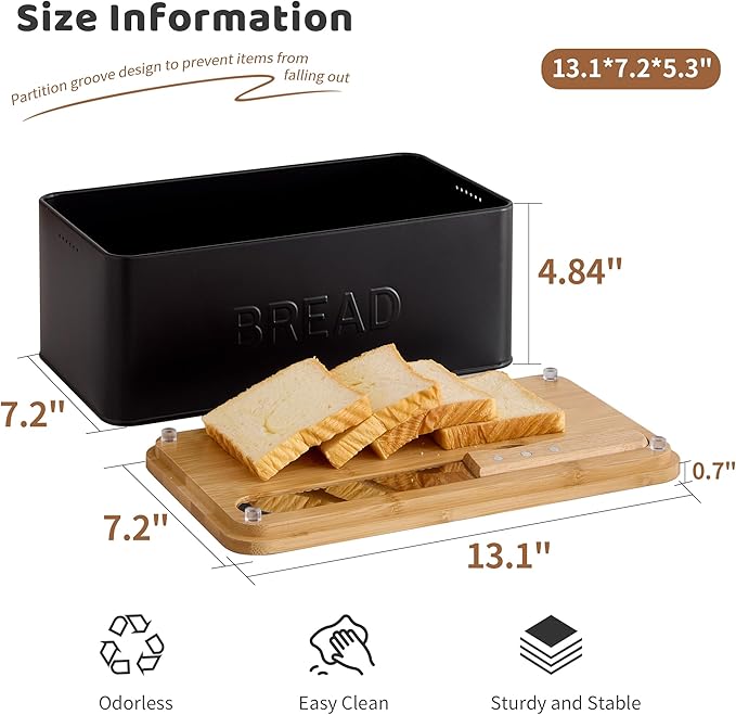 FILWH Metal Bread Box with Bamboo Cutting Board Lid, Bread Box with Bread Knife for Kitchen Countertop Countertop Storage for Homemade Bread, Bagels & Muffins (Black, M)