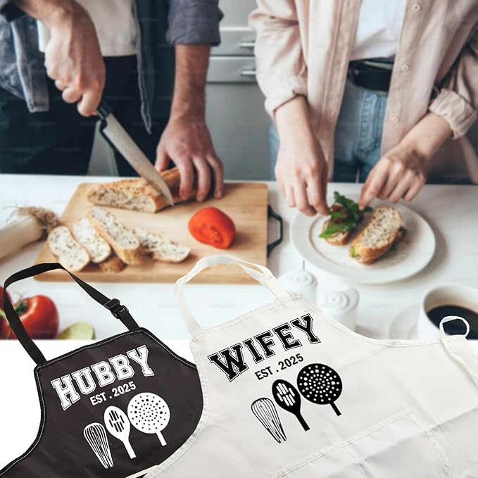 MBMSO Hubby Wifey Cooking Aprons for Couples Apron Sets Hubby and Wifey Est.2025 Wedding Gift for Newlywed His and Hers Apron