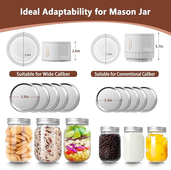 Mason Jar Vacuum Sealer, 80kPa Electric Mason Jar Vacuum Sealer Kit Auto Stop White Jar Sealer Vacuum Sealing Machine for Food Vacuum Storage with Wide and Regular Mouth Lids Can Opener Stickers