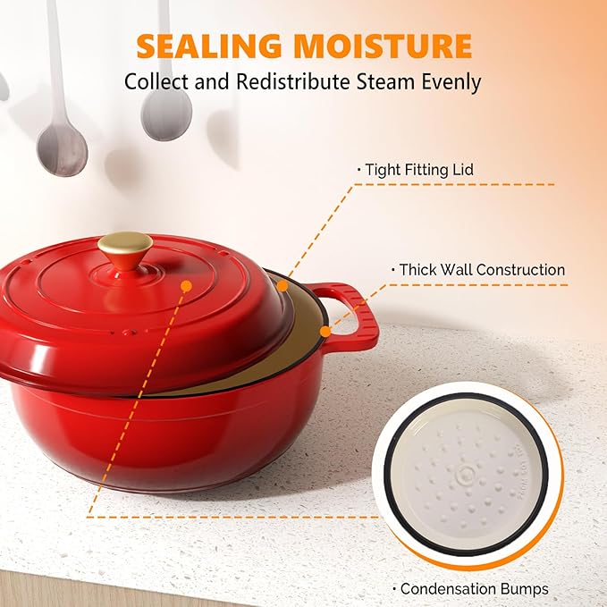 ROVSUN Enameled Cast Iron Round Dutch Oven, 6QT Pot with Lid &Dual Handles with Silicone Gloves,Oven Safe up to 500°F, Heavy-Duty Pre-Seasoned Cookware for Bread Baking, Braising, Stews, Roasting, Red
