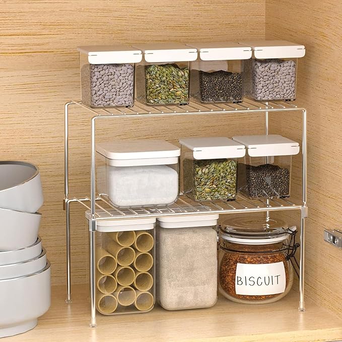 Redrubbit 2 Pack Stackable Cabinet Storage Shelf Rack, Rustproof Chrome Kitchen Counter and Cabinet Shelf, Small Storage Rack Organizer for Kitchen, Fridge, Bathroom