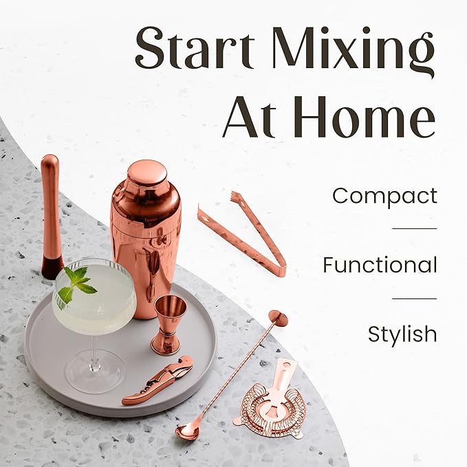 Mixology & Craft Cocktail Shaker Set: 10-Piece Bartender Kit with Stand | Complete at Home Bar Set with Bar Accessories | Great Housewarming Gift | Leak-Proof Design (Copper)