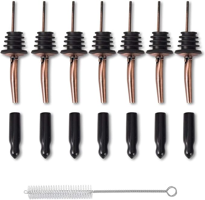 Stainless Steel Copper Liquor Pour Spouts Set - Tapered Speed Pours Nozzles with Rubber Dust Caps | Pourers For Alcohol, Olive Oil & Liquor Bottles | Bartender Accessories for Bar & Home Use