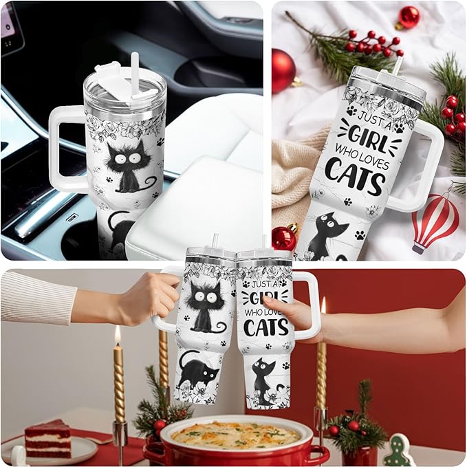 34HD Funny Black Cat Tumbler with Handle and Straw, 40oz Stainless Steel Vacuum Insulated Kitty Coffee Mug, Cat Lover Gifts for Women Birthday Mothers Day Halloween Christmas