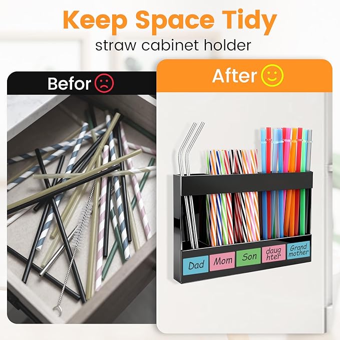 Acrylic Straw Holder, Straw Organizer Dispenser with Two Pieces Rubber Magnet Sheets, Drinking Straw Storage Holder for Cabinet Door Fridge Counter Kitchen Office (Black)