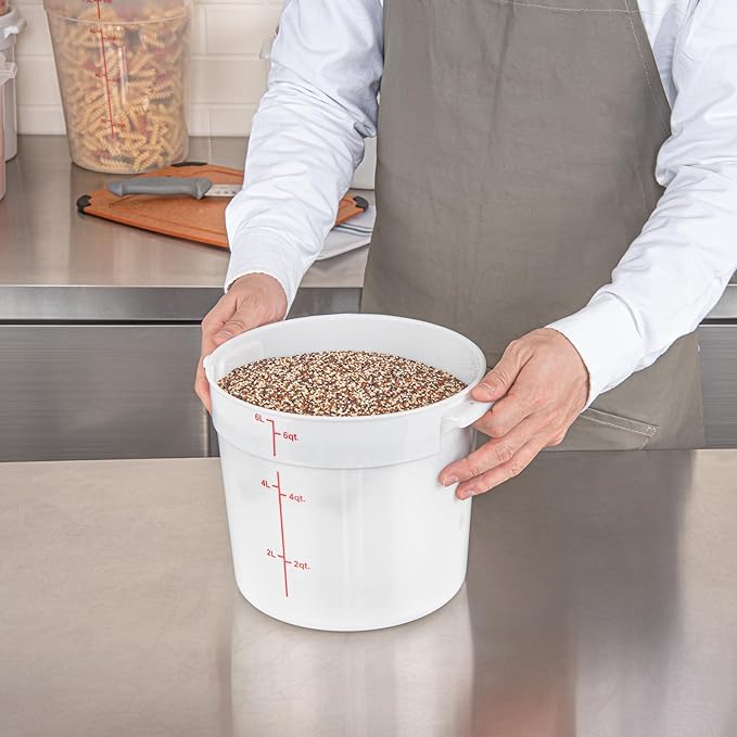 Restaurantware-Met Lux 6 Quart Food Storage Container, 1 White Storage Container - Lids Sold Separately, Red Volume Markers, Dishwashable Container, Side Handles, For Storing Foods