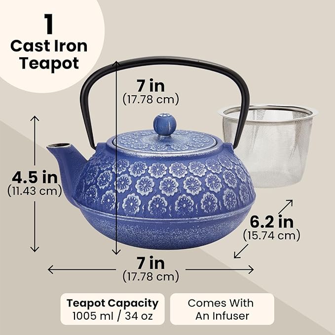 Juvale Japanese Cast Iron Teapot with Infuser & Stovetop Tea Kettle - 34 oz, Blue - Heat Retention, Removable Lid & Fold-Down Handle