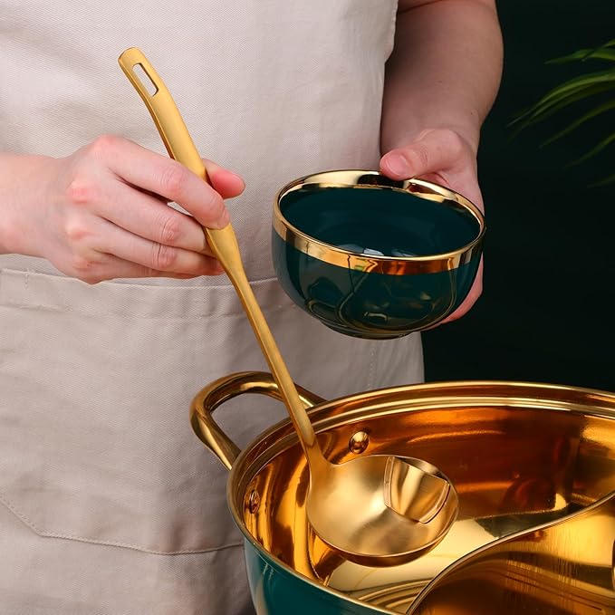 Metal Soup Ladle with Tilted Mouth，2 Piece Fat Multi-Purpose Separator Oil Strainer Serving Spoon Set for Kitchen Restaurant Cooking Hotpot