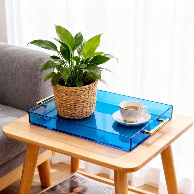 Acrylic Serving Tray with Handles Large Ottoman Food Decorative Tray for Coffee Table Tea Fruit Snack Kitchen Bar Platter, 17x13’’, Sky Blue