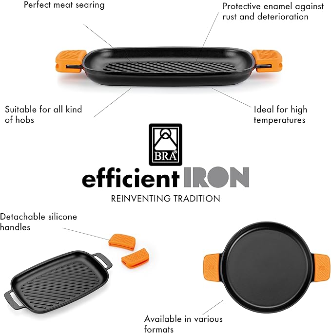 BRA COOKWARE Efficient Iron Round Ribbed Grill | 12.6 inches Cast Iron Round Griddle | All Heat Sources Compatible | PFOA Free | Without Non-Stick | Silicon Handle | Non Deformable