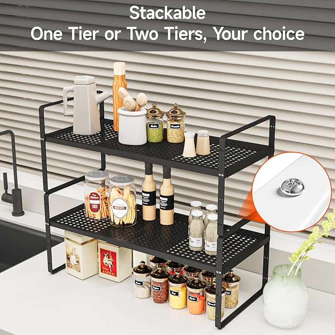 2Pack 16.5-27’’L Expandable Cabinet Countertop Shelf Organizer, Stackable Metal Shelves, Kitchen Organizers and Storage, Black Storage Spice Rack for Pantry and Cupboard