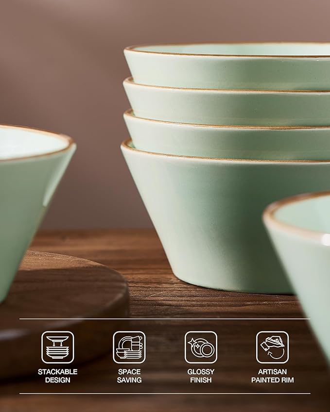 Famiware Saturn Dinnerware Sets, Plates and Bowls Sets for 4, 12 Pieces Stoneware Dish Set - Chip and Scratch Resistant, Microwave and Dishwasher Safe Tableware Set, Light Green with Rim