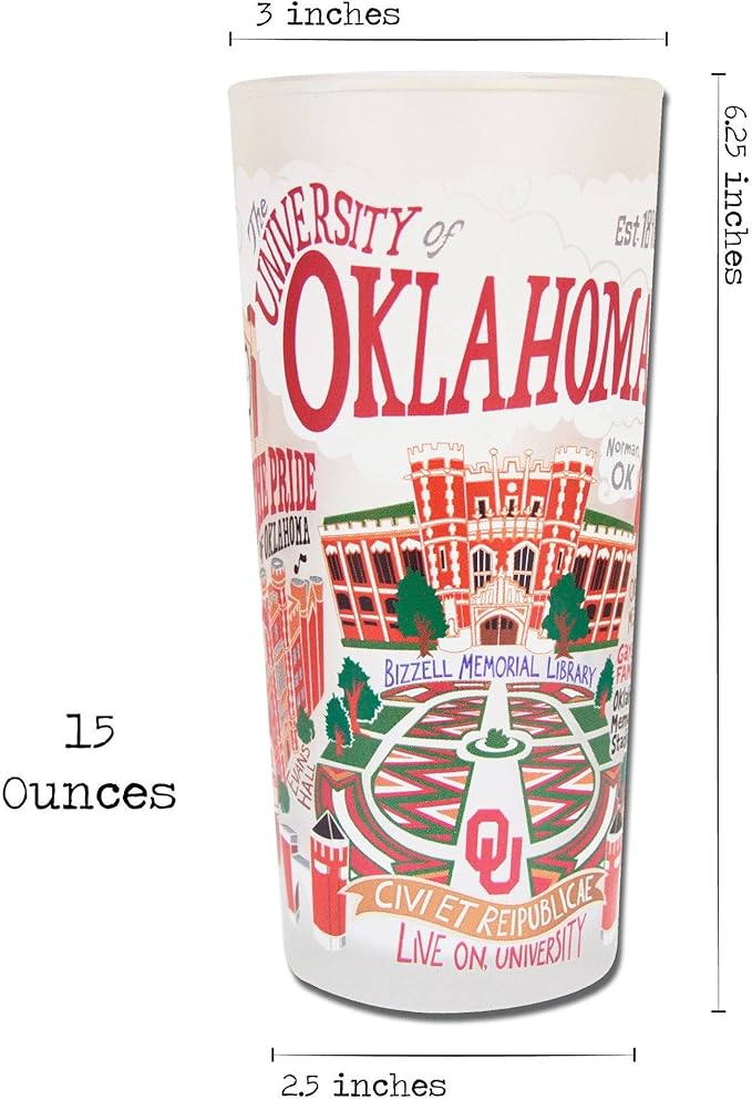 Catstudio Drinking Glass, University of Oklahoma Glass Cup for Kitchen, 15oz Dishwasher Safe Tumbler for UO Alumni