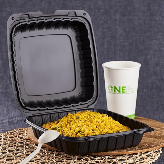 KARAT EARTH Clamshell Take Out Food Containers [9"x9" - 120 ct] To Go Containers | Microwavable, Freezer Safe, Soak-Resistant, Durable, Stackable | Vented for Hot/Cold Foods, Black