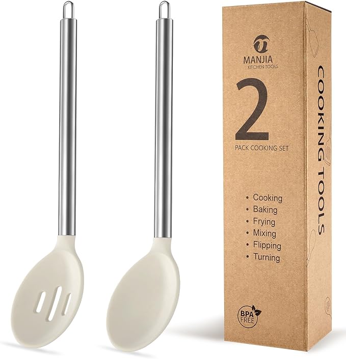 MANJIA Silicone Spatulas Set, Nonstick Silicone Spoon & Turner Spatula Set, Serving Spoon kitchen Spatula for Cooking Fish, Eggs,Flipper, Cooking Utensils Set 2pcs (white-spoons)