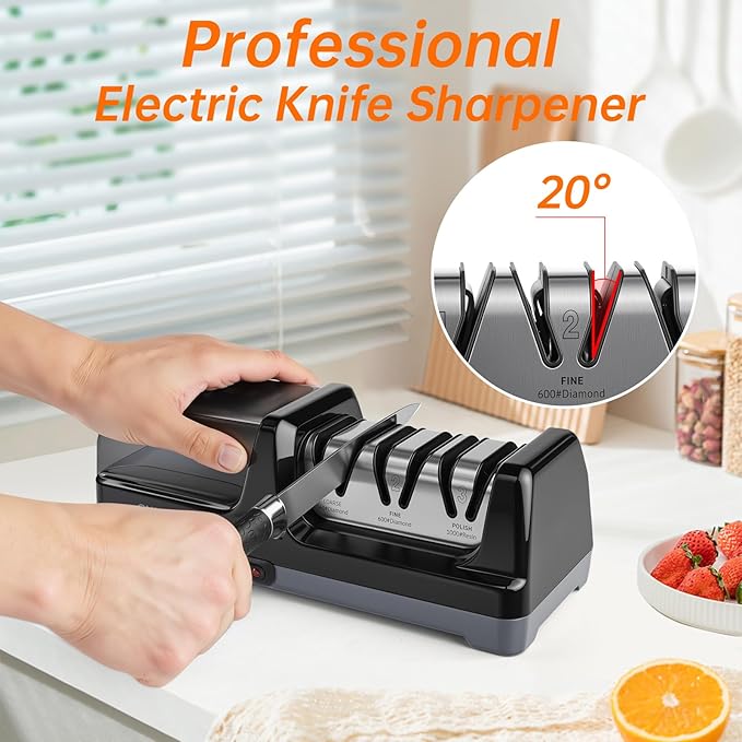 Knife Sharpener, Professional 3-Stage Electric Knife Sharpener for Kitchen Knives, 100% Diamond Abrasive for 20° Precision Angle Guide, Quickly Sharpening and Polish Blades