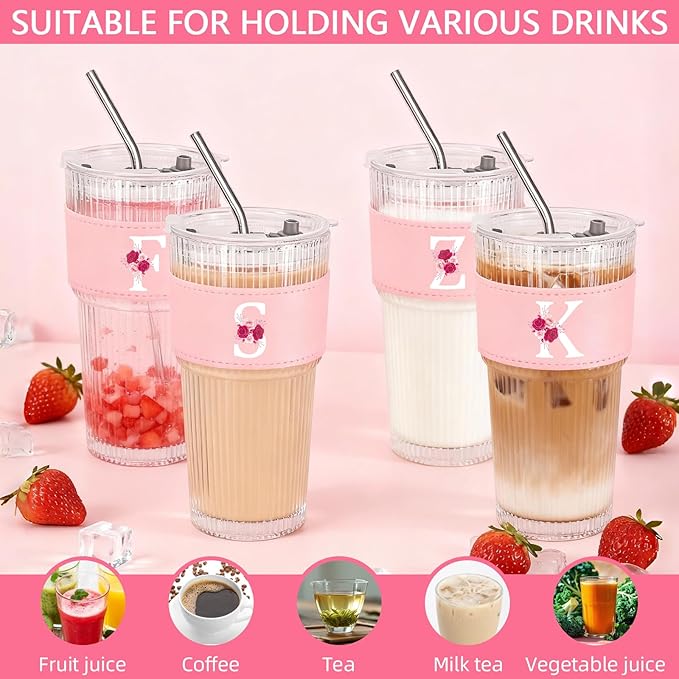 Personalized Gifts for Women,20oz Ribbed Glass Tumbler,Monogrammed Gifts for Women,Birthday Gift,Ice Coffee Mug,Christmas Gift for Mom Sister-Z