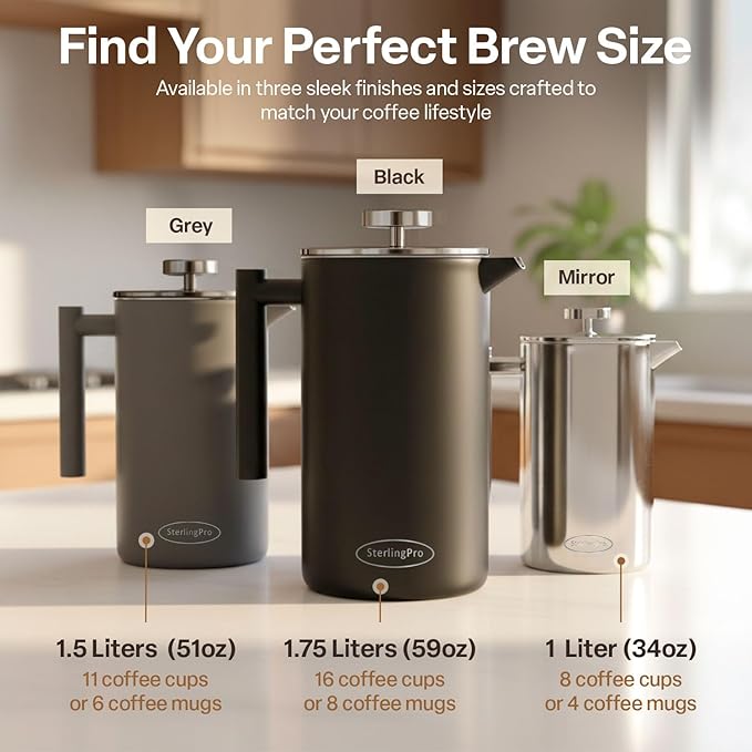 Stainless Steel French Press Coffee Maker Large 1.5 L(51 oz) Gray – Durable Double Walled Insulated Coffee Press Keeps Drinks Hot, Easy to Use and Clean Stylish Design for Rich Flavor