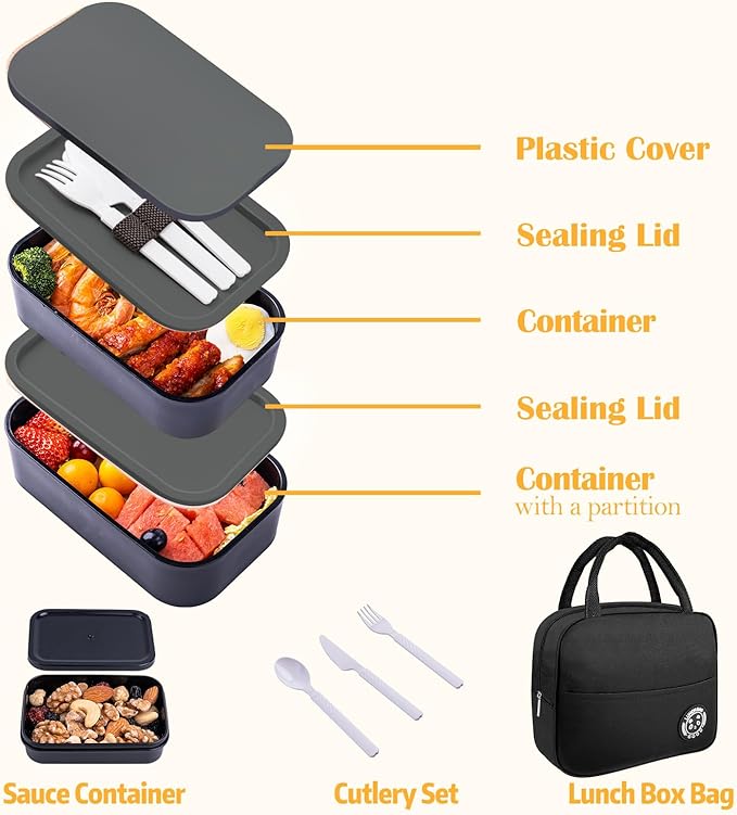 Bento Box with Lunch Bag Microwavable All-in-One Meal Prep Compartment Lunch Containers with Utensils Leak Resistant Lunch Box with Sauce Container 60oz Gray