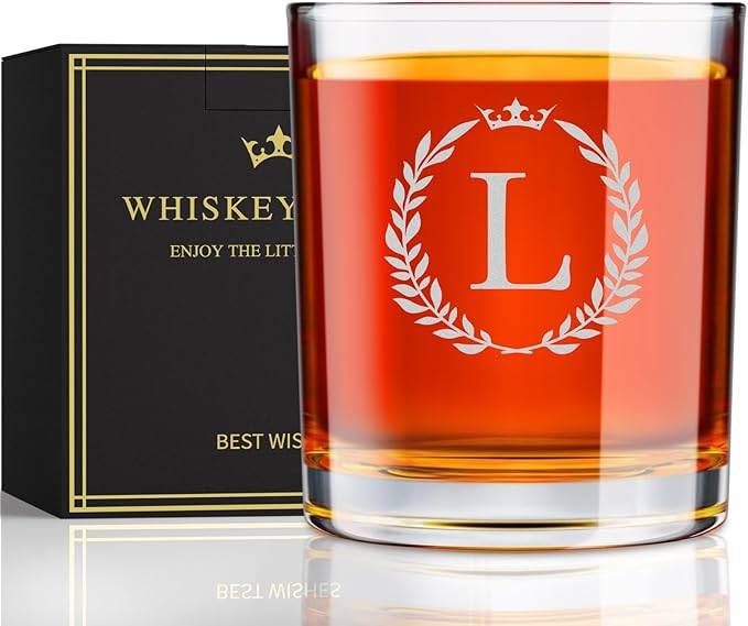 Personalized Whiskey Glasses Gifts for Men, Monogrammed Engraved A-Z 10.6 oz Rocks Glass Customized Gift, Unique Christmas Birthday Gifts for Men Him Dad Husband Brother Son (L)