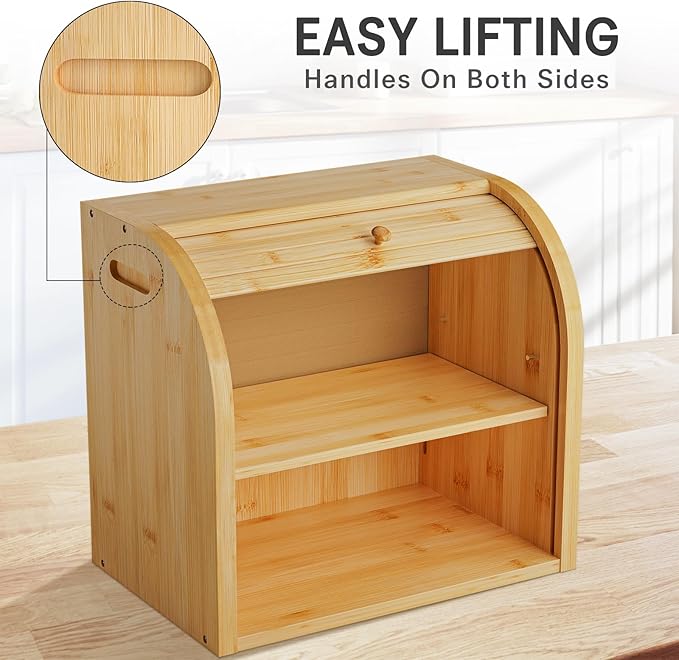 2 Tier Bamboo Bread Box for Kitchen Countertop–Bread Storage Holder, Large Capacity Bread Storage Container, with Removable Layer for Home Storage and Display (Self-assembly)
