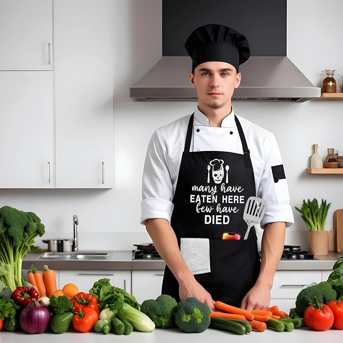 Many Have Eaten Here Few Have Died,Funny Chef Apron,Funny Aprons for Women Men with 2 Tool Pockets,Waterproof and OilProof,Fun BBQ Baking Grilling Kitchen Apron