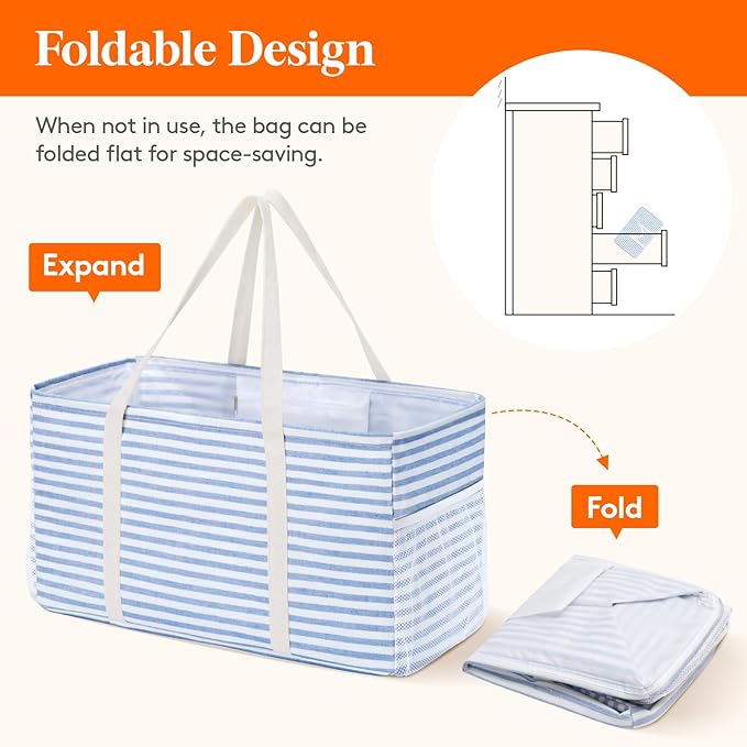Lifewit Extra Large Tote Bag, Reusable Grocery Bags with Metal Wire Frame and Handles, Standing Utility Foldable Shopping Bags for Storage, Picnics, Beach, Pool, Laundry, Car, Camping 2 Packs 46L Blue