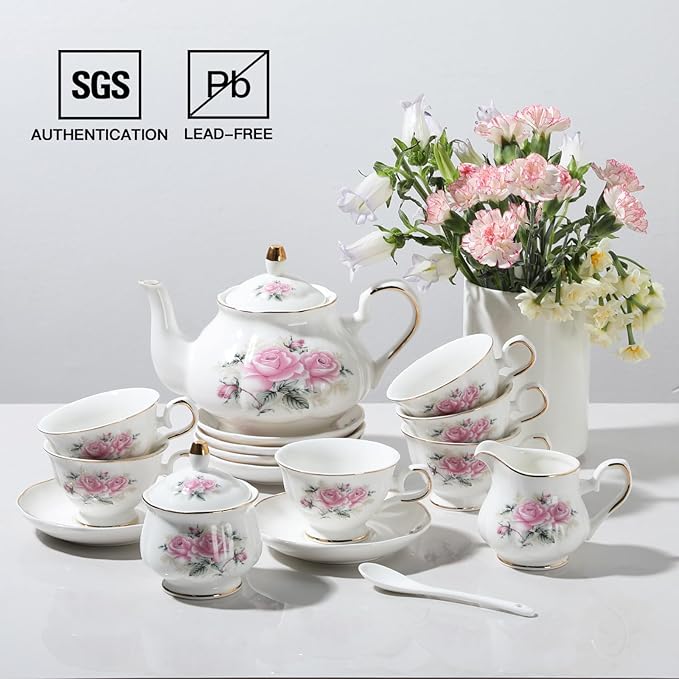 Sweejar Ceramic Teapot with Infuser, Floral Relief Gold Rimmed Teapot, 29 OZ Porcelain Tea Pot for Blooming and Loose Tea, Coffee...(Pink Flower)